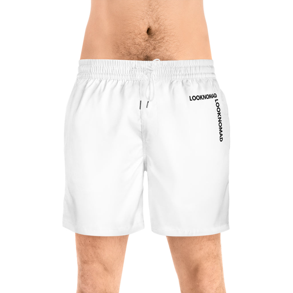 Men's Swim Shorts — Minimal 'LOOKNOMAD' White Mid-Length Boardshorts