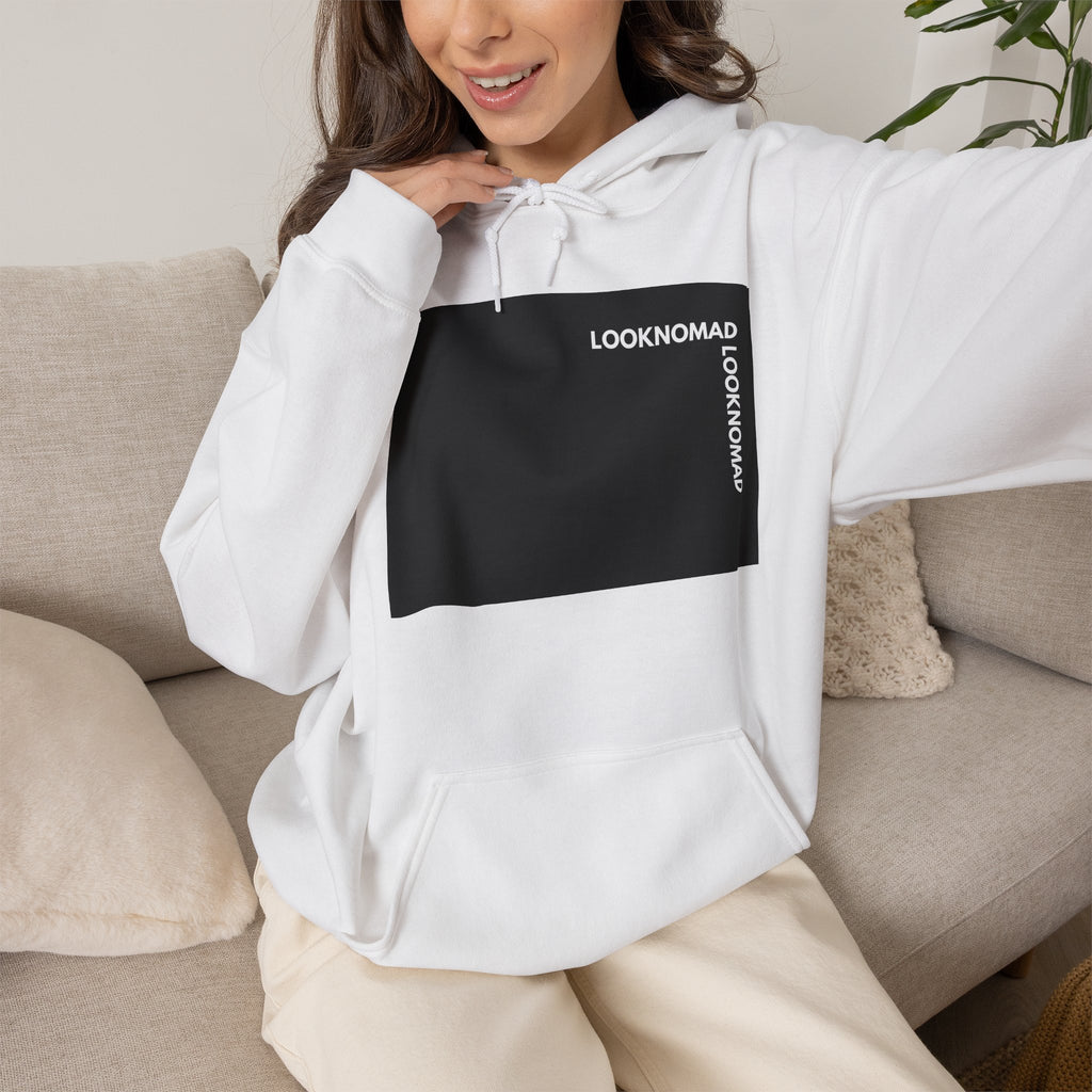 Minimal 'LOOK NOMAD' Black Block Hoodie – Modern Graphic Pullover