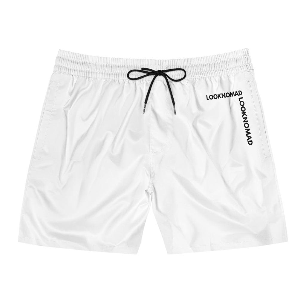Men's Swim Shorts — Minimal 'LOOKNOMAD' White Mid-Length Boardshorts