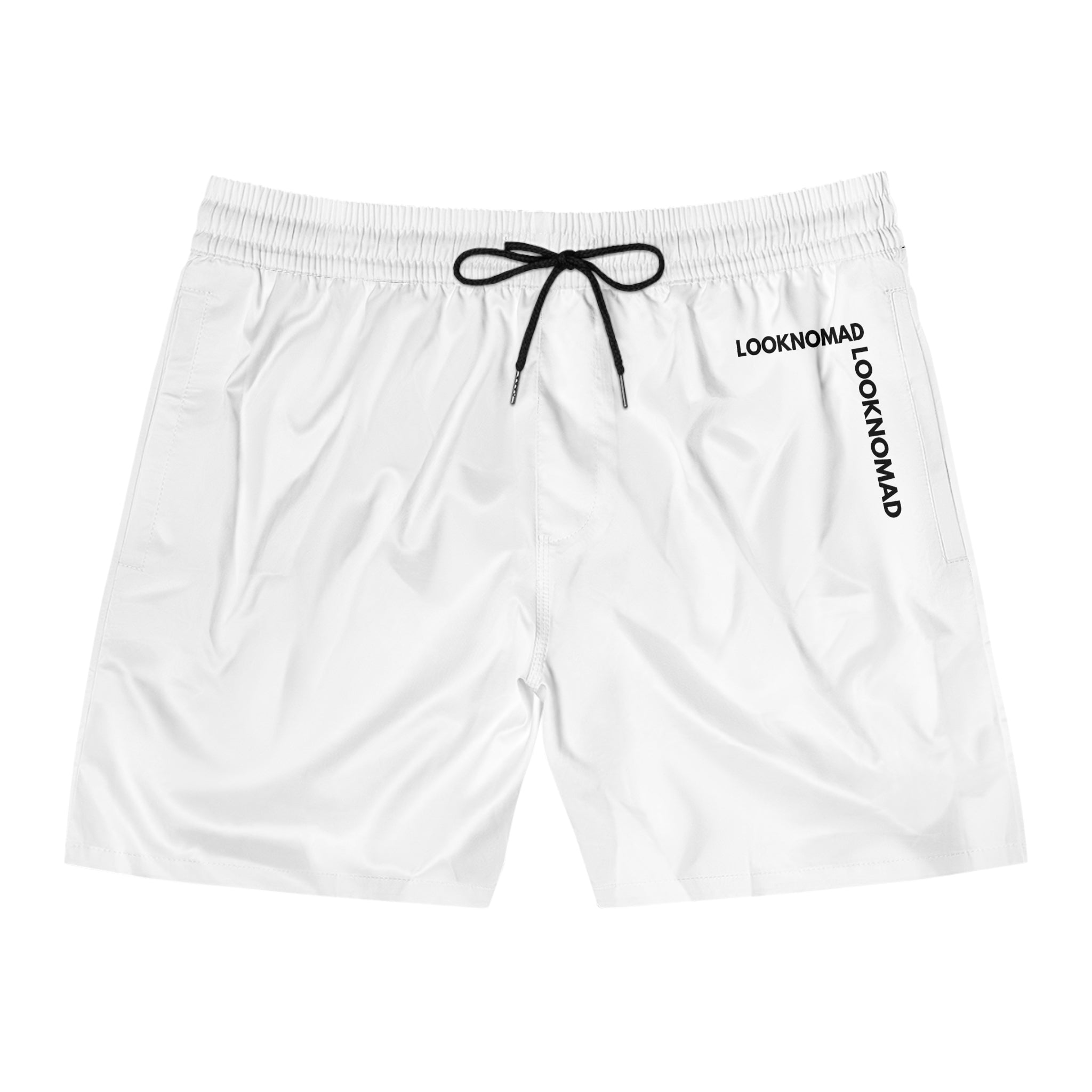 Men's Swim Shorts — Minimal 'LOOKNOMAD' White Mid-Length Boardshorts