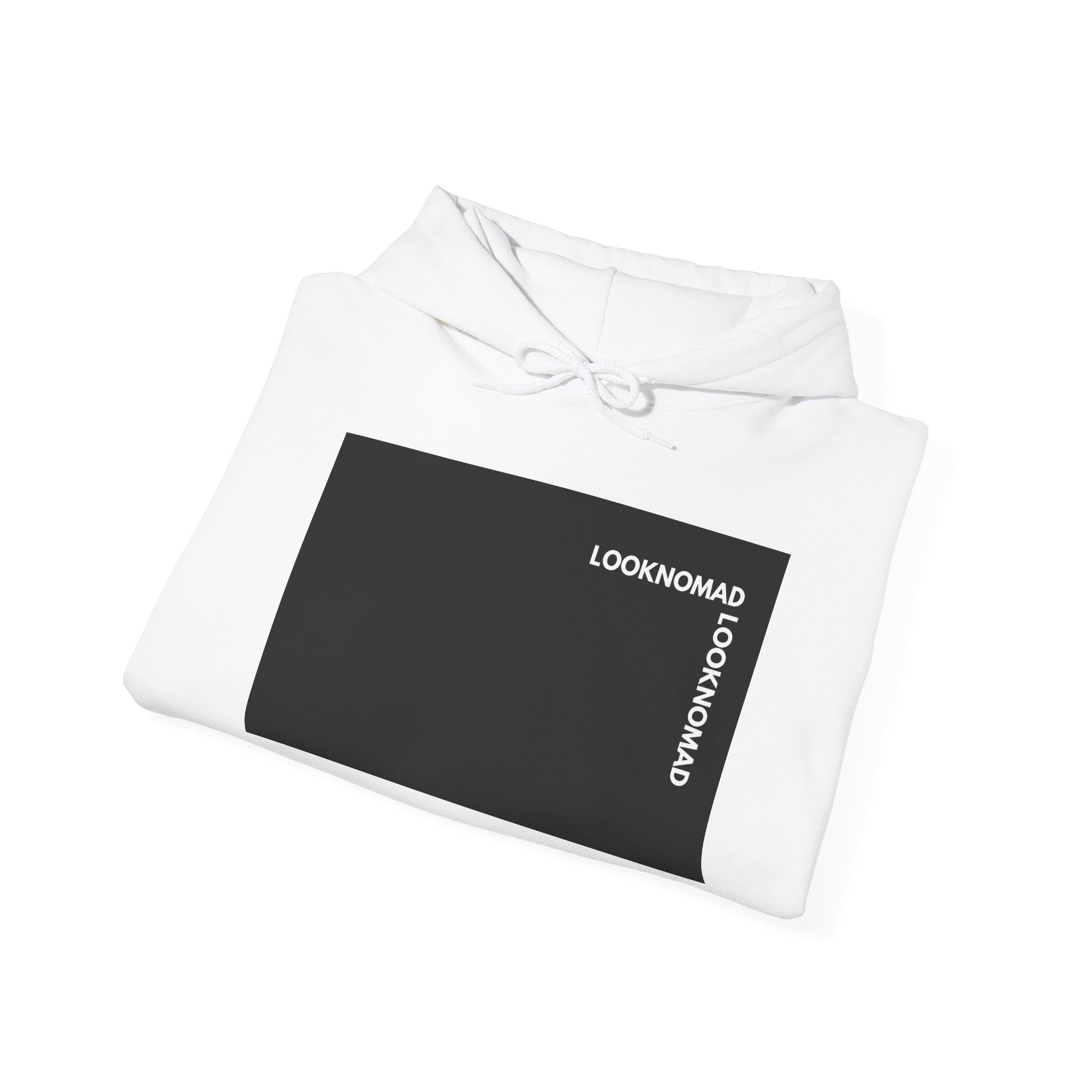 Minimal 'LOOK NOMAD' Black Block Hoodie – Modern Graphic Pullover