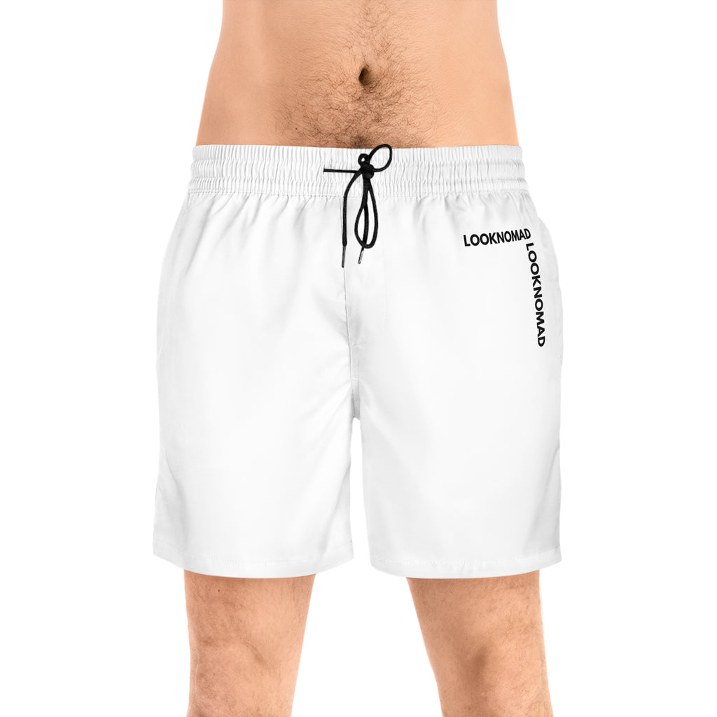 Men's Swim Shorts — Minimal 'LOOKNOMAD' White Mid-Length Boardshorts