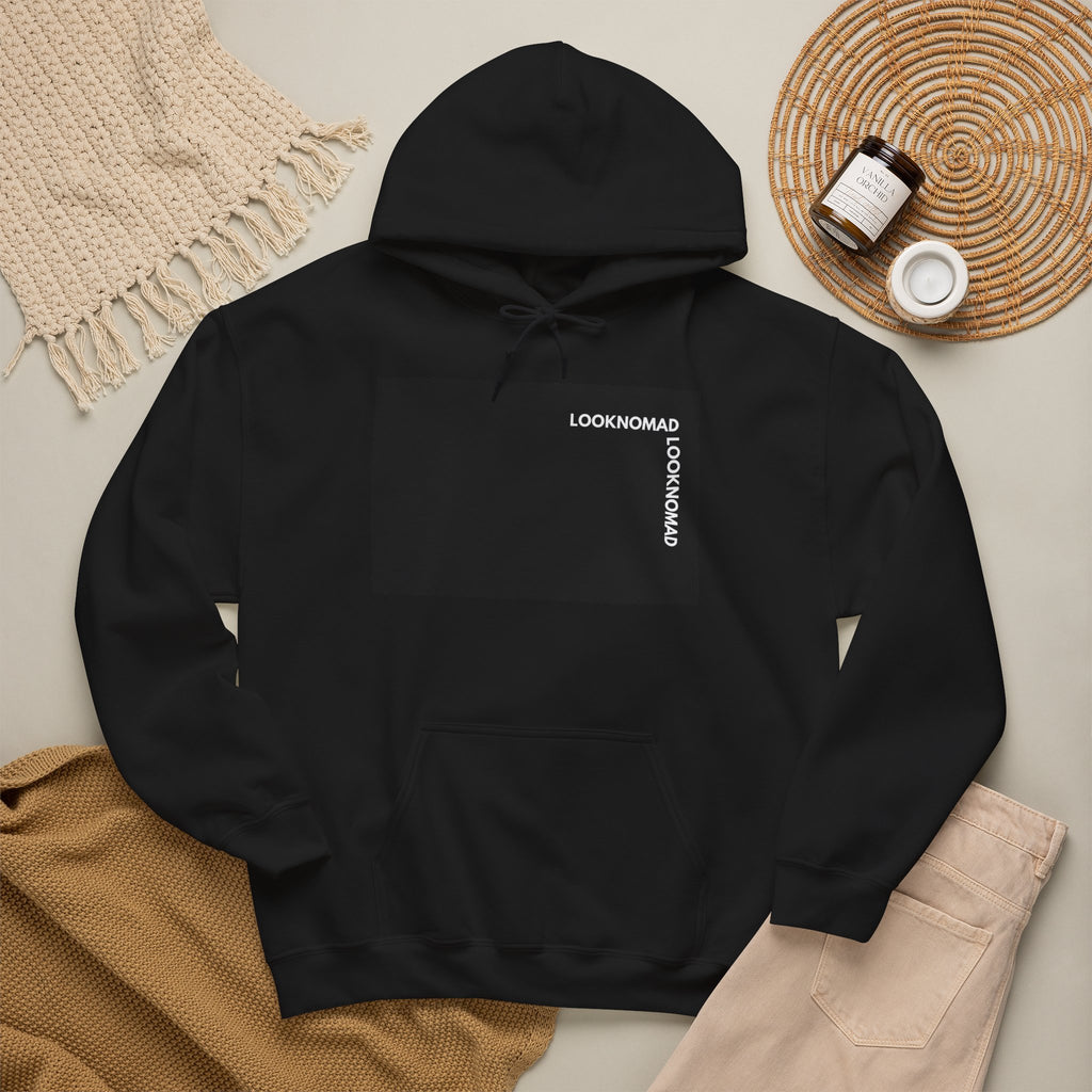 Minimal 'LOOK NOMAD' Black Block Hoodie – Modern Graphic Pullover