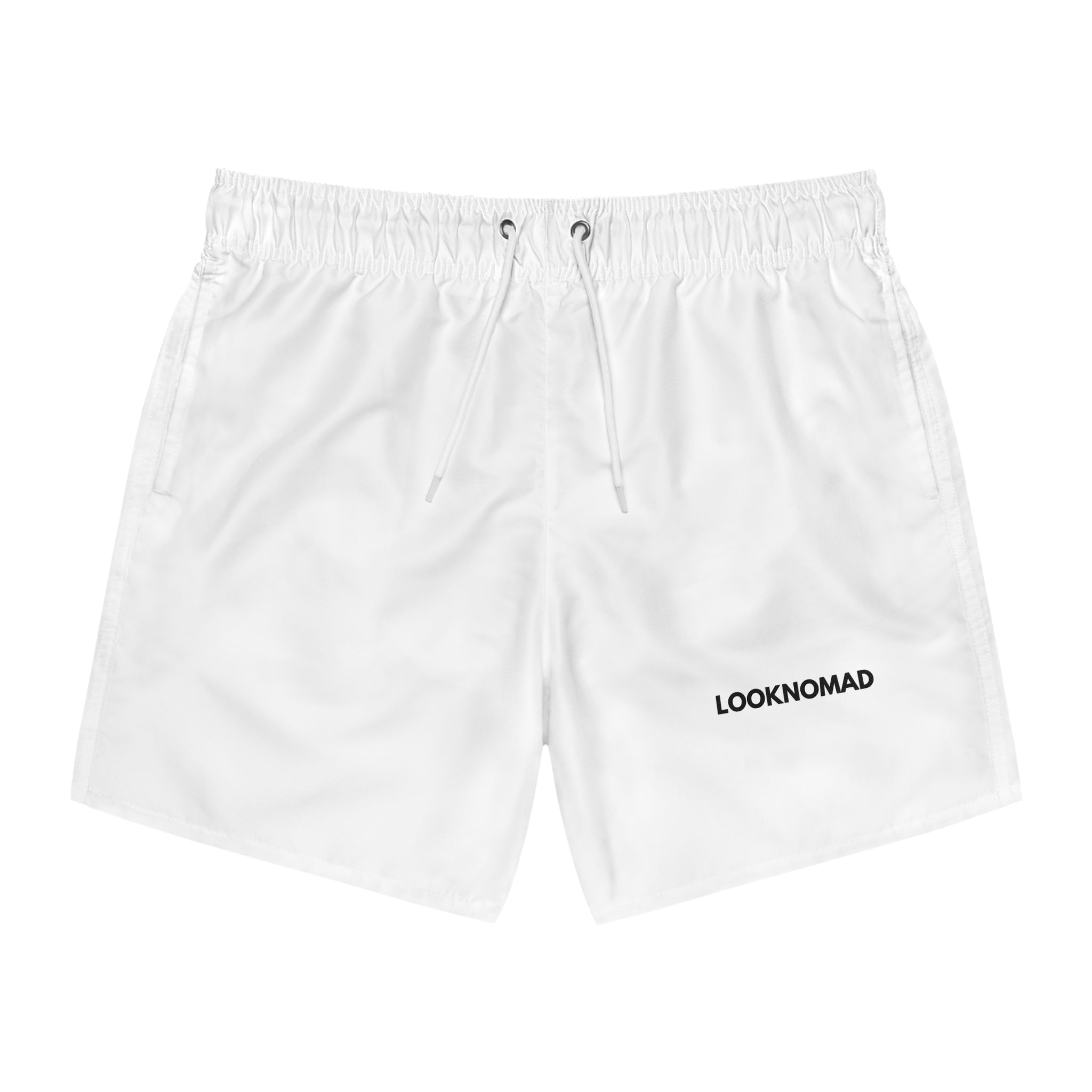 Men's WHITE Swim Trunks — Minimal 'LOOKNOMAD' Logo Beach Shorts