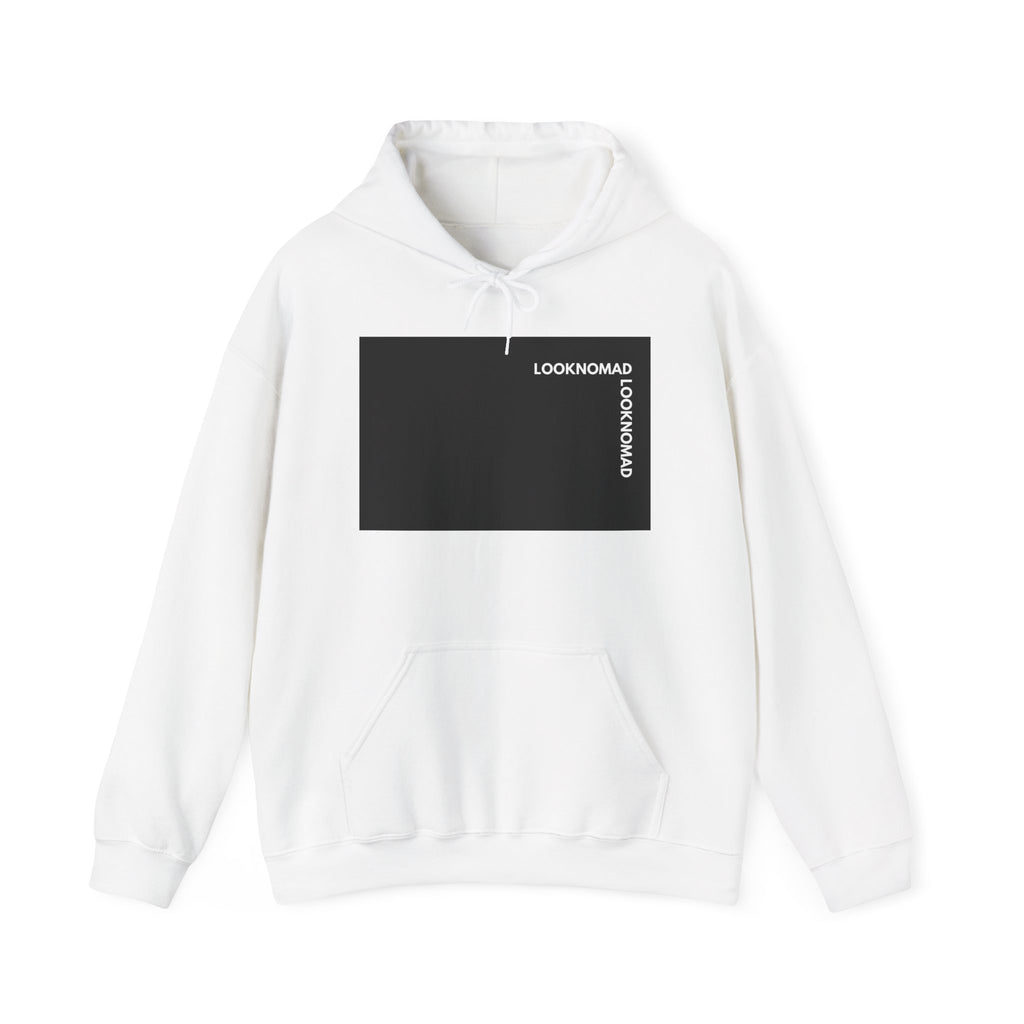 Minimal 'LOOK NOMAD' Black Block Hoodie – Modern Graphic Pullover