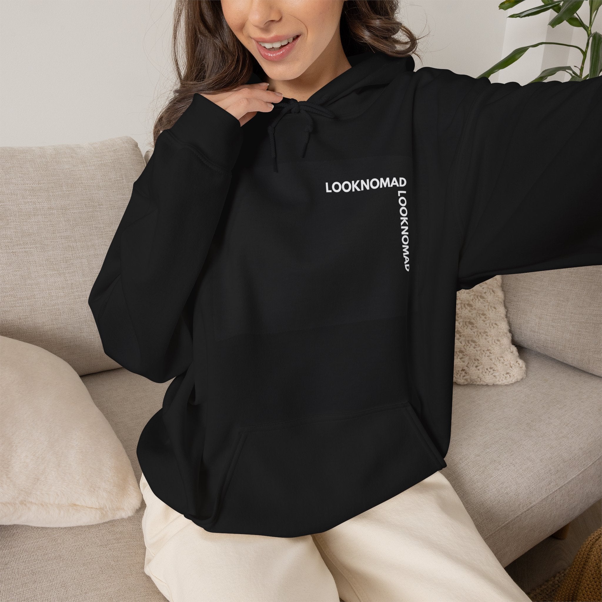 Minimal 'LOOK NOMAD' Black Block Hoodie – Modern Graphic Pullover