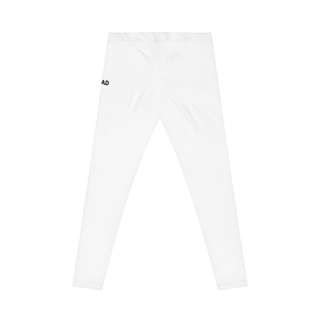 Minimalist White Leggings with Scattered Text — '10:00 AM', 'LOOK', 'CHECKOUT'