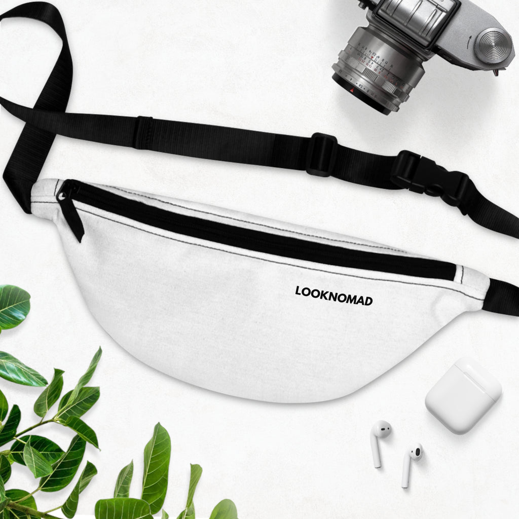 Minimal White Fanny Pack — Slim Travel Waist Bag with 'LOOKNOMAD' Logo