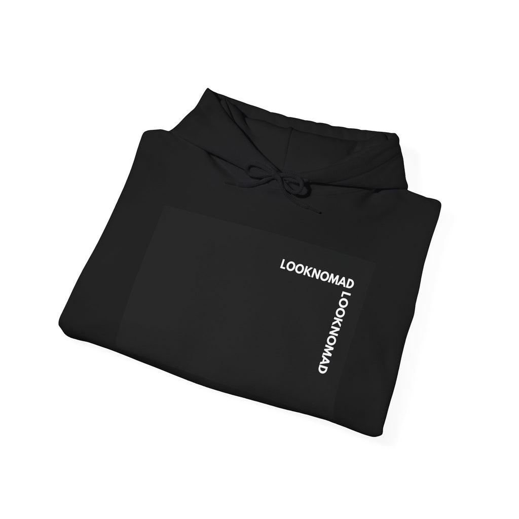 Minimal 'LOOK NOMAD' Black Block Hoodie – Modern Graphic Pullover