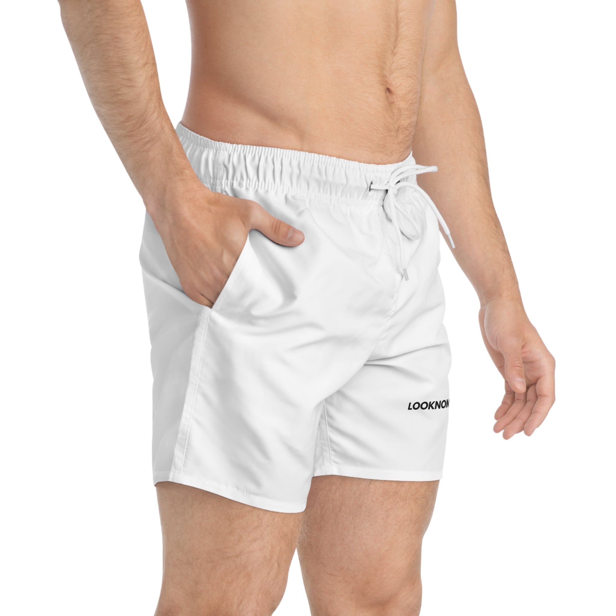 Men's WHITE Swim Trunks — Minimal 'LOOKNOMAD' Logo Beach Shorts