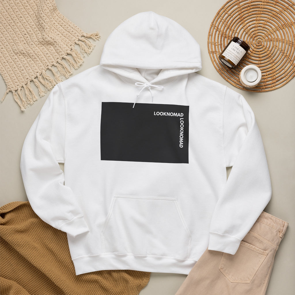 Minimal 'LOOK NOMAD' Black Block Hoodie – Modern Graphic Pullover