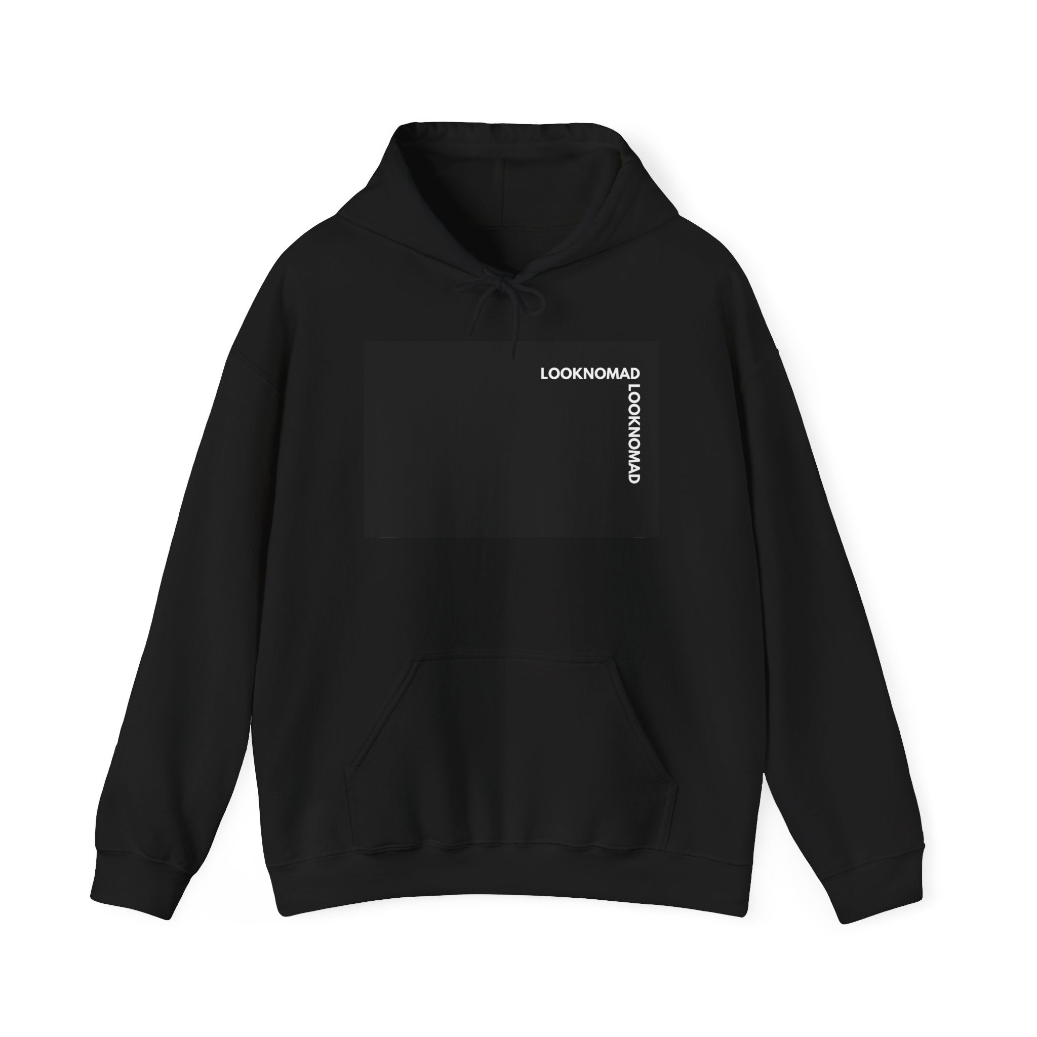 Minimal 'LOOK NOMAD' Black Block Hoodie – Modern Graphic Pullover