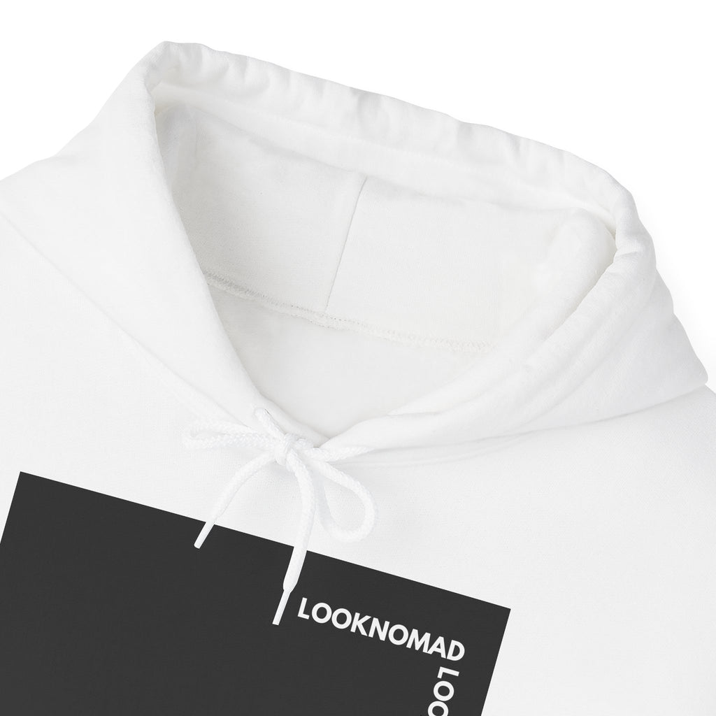 Minimal 'LOOK NOMAD' Black Block Hoodie – Modern Graphic Pullover