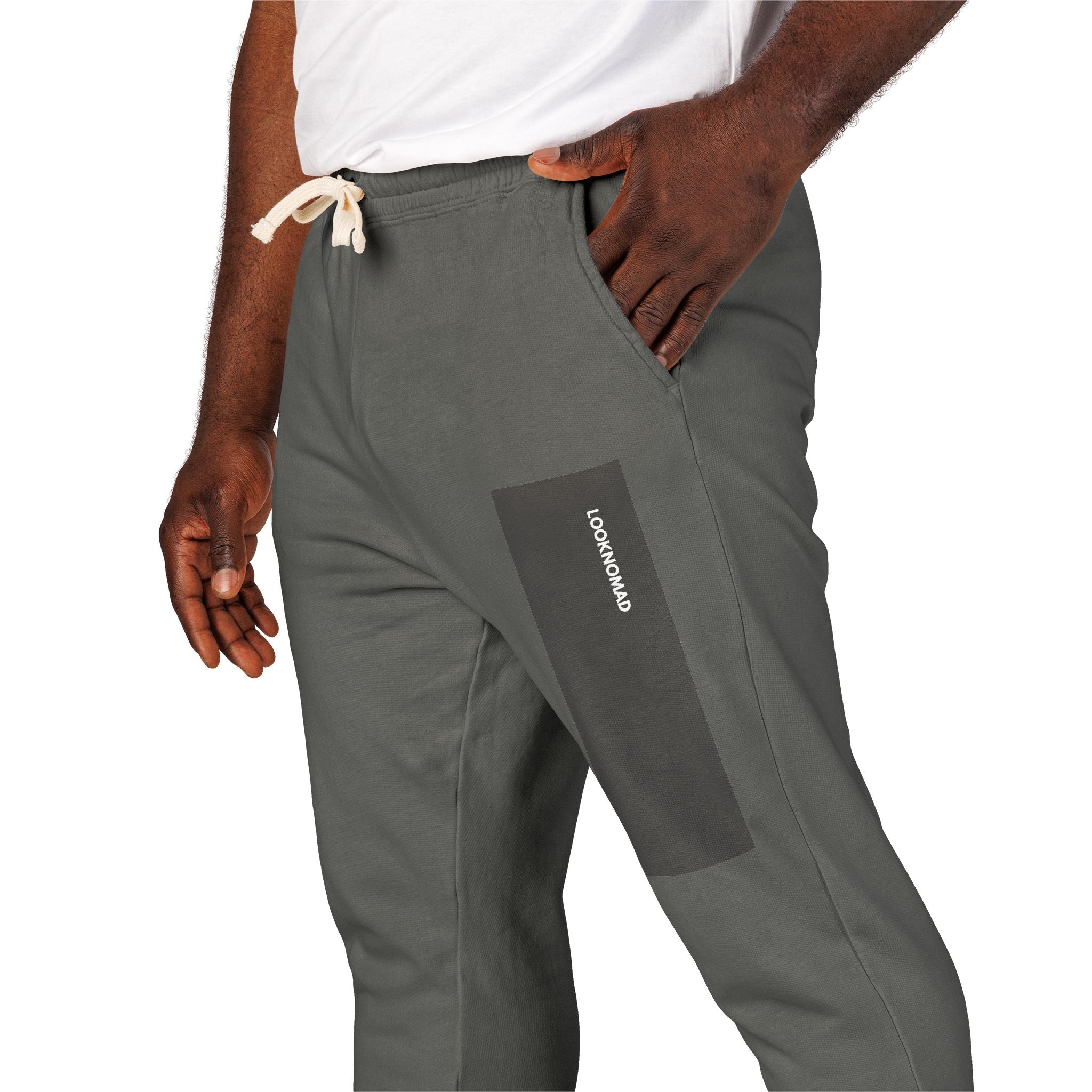 UNISEX LOOKNOMAD - Charcoal/White Garment-Dyed Fleece Sweatpants — Minimal Side Patch Lounge Joggers