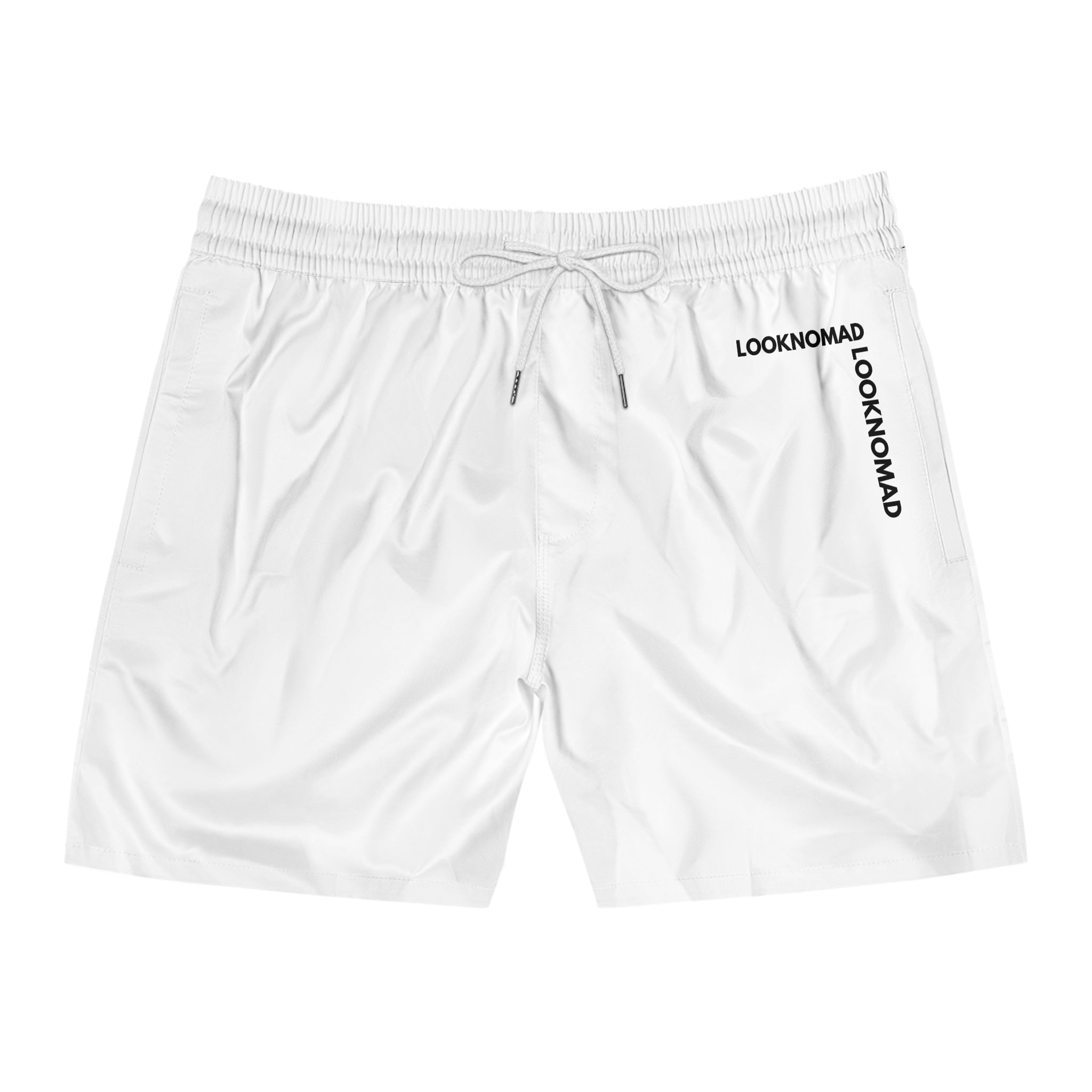 Men's Swim Shorts — Minimal 'LOOKNOMAD' White Mid-Length Boardshorts