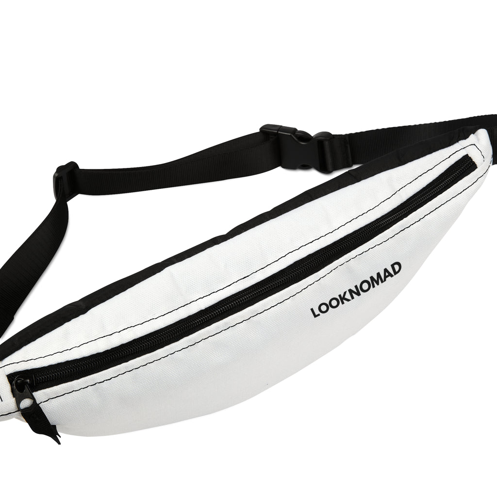 Minimal White Fanny Pack — Slim Travel Waist Bag with 'LOOKNOMAD' Logo