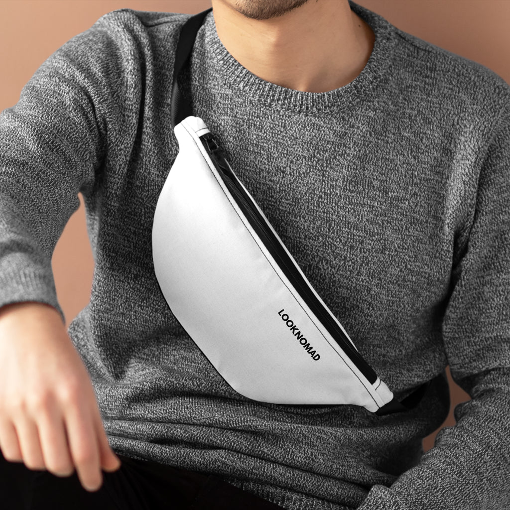 Minimal White Fanny Pack — Slim Travel Waist Bag with 'LOOKNOMAD' Logo