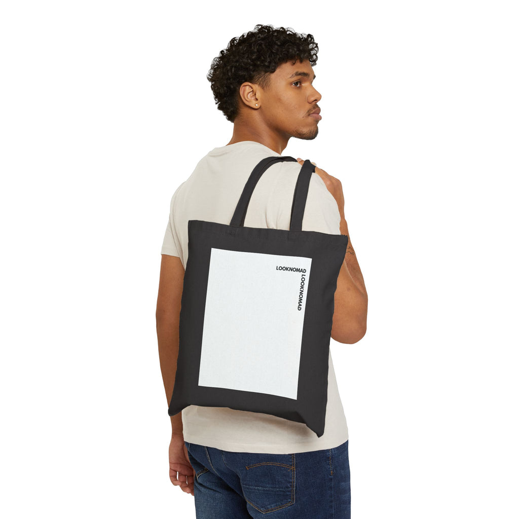 Canvas Tote Bag — Minimalist White Square Design with 'LOOKINGMAD' Accent