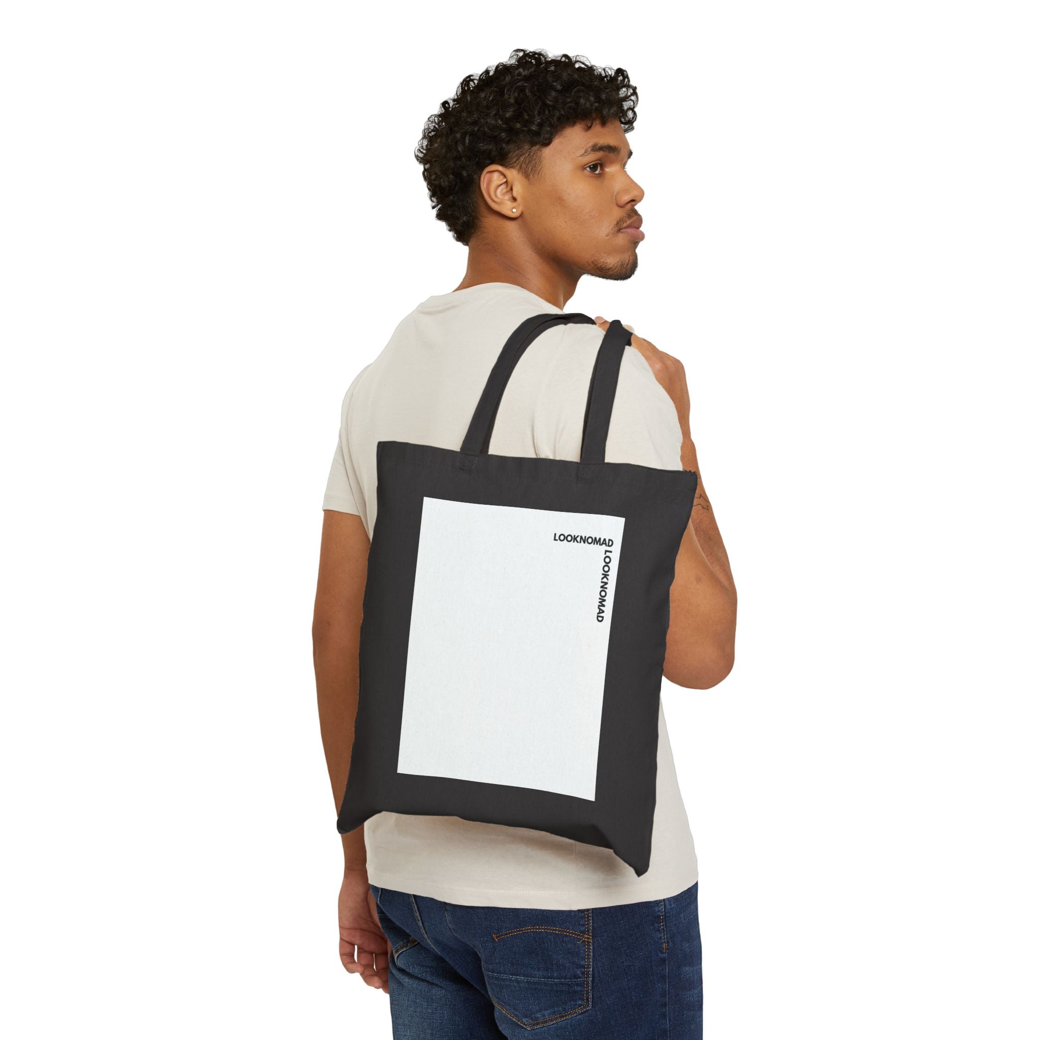 Canvas Tote Bag — Minimalist White Square Design with 'LOOKINGMAD' Accent
