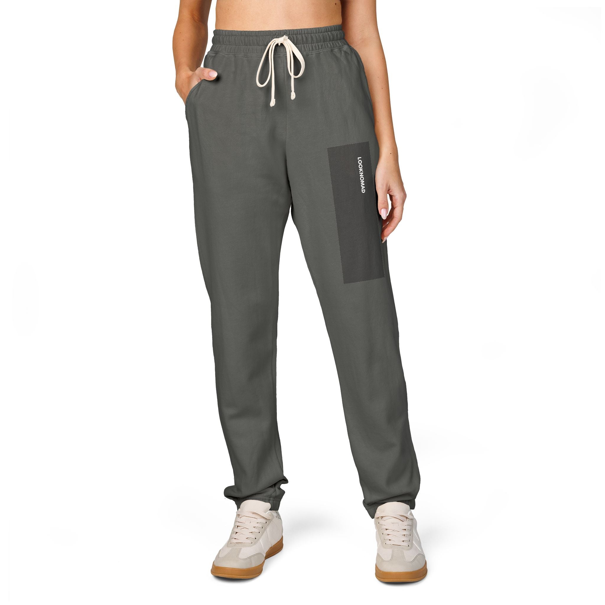 UNISEX LOOKNOMAD - Charcoal/White Garment-Dyed Fleece Sweatpants — Minimal Side Patch Lounge Joggers