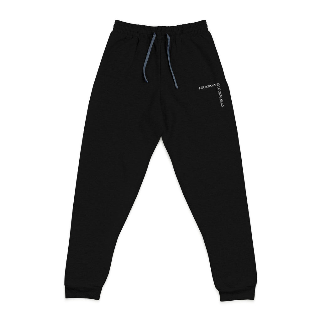 Embroidered Cross Joggers — Black Casual Sweatpants with Subtle Script Accent