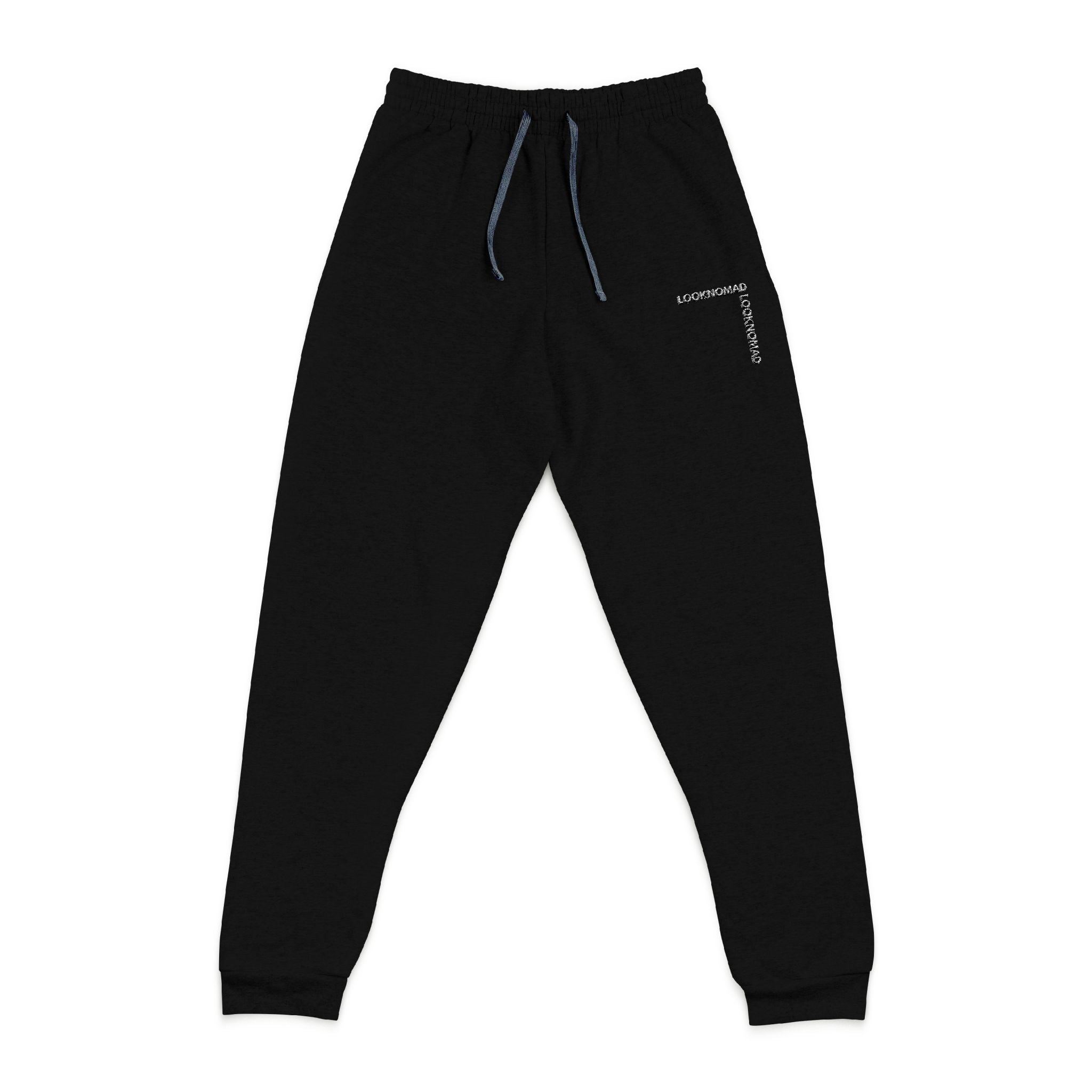 Embroidered Cross Joggers — Black Casual Sweatpants with Subtle Script Accent