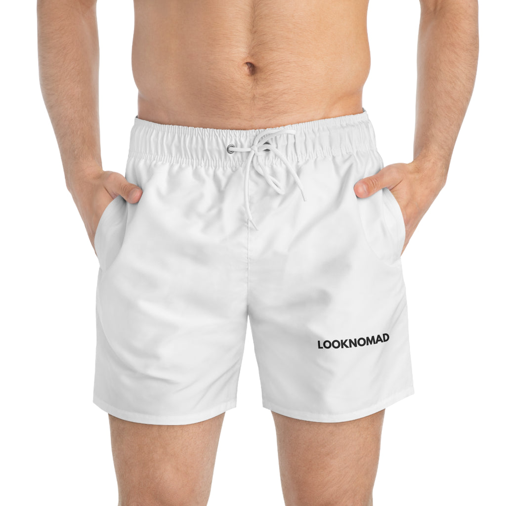 Men's WHITE Swim Trunks — Minimal 'LOOKNOMAD' Logo Beach Shorts