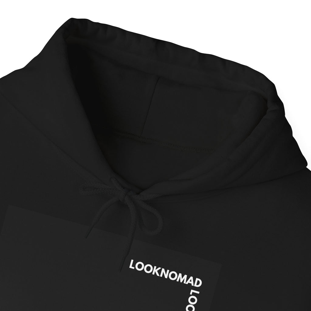 Minimal 'LOOK NOMAD' Black Block Hoodie – Modern Graphic Pullover